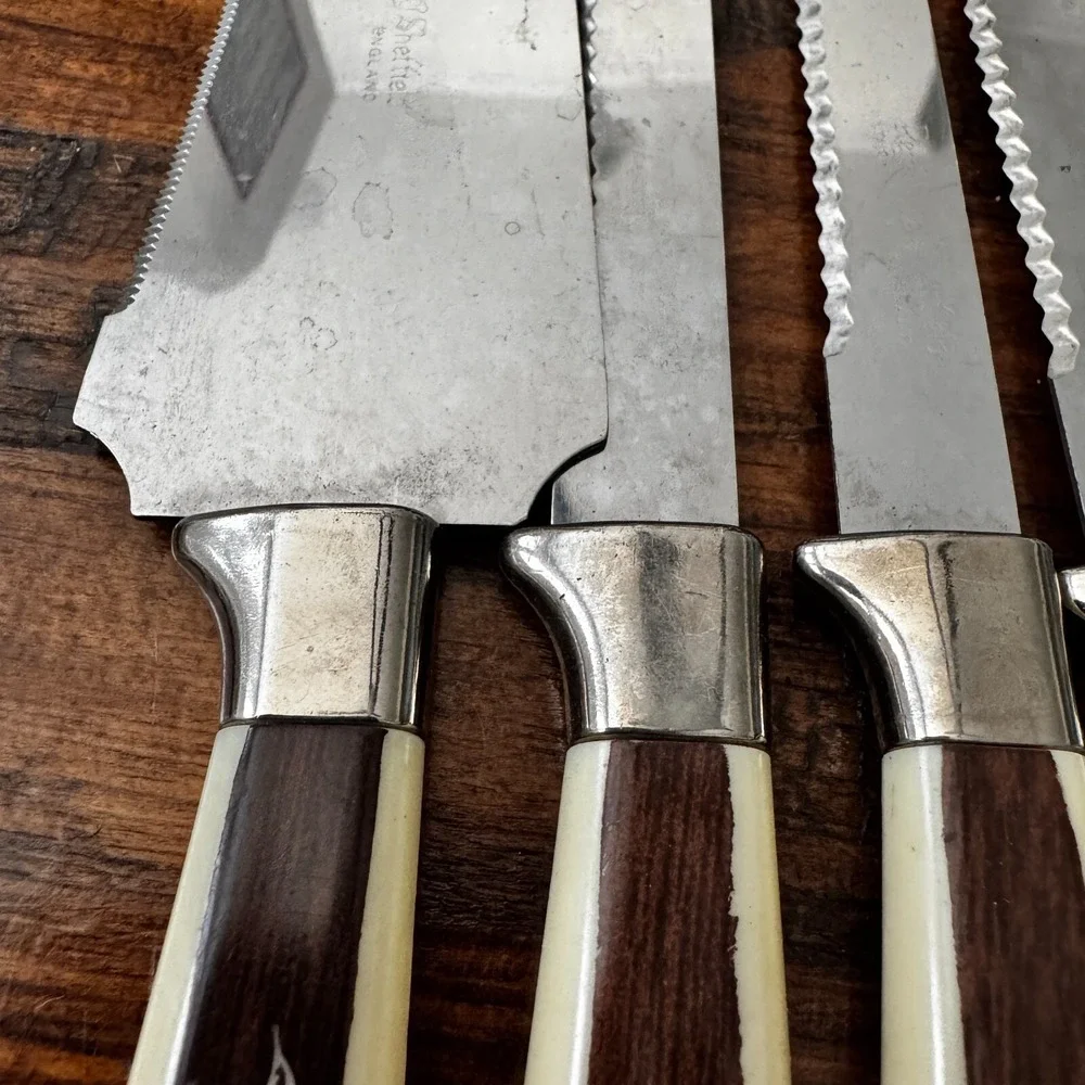 MCM Vintage 10 Regent Sheffield Kitchen Knives & One fork‎ Ivory Brown Leaf